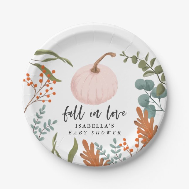 Rustic Pink Pumpkin Fall in Love Baby Shower Paper Plates (Front)