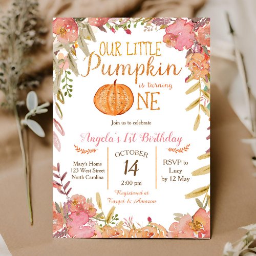 Rustic Pink Pumpkin First Birthday Invitation