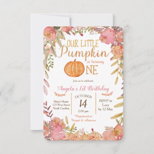 Rustic Pink Pumpkin First Birthday Invitation