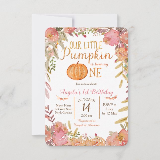 Rustic Pink Pumpkin First Birthday Invitation (Front)