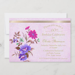 Rustic Pink & Purple Floral 60th Birthday Party Invitation