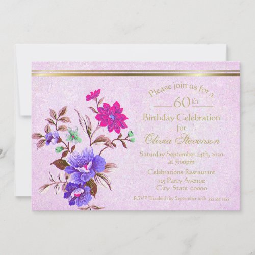 Rustic Pink  Purple Floral 60th Birthday Party Invitation