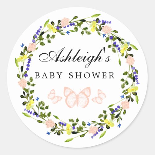 Rustic Pink Purple Floral Butterfly Baby Shower  Classic Round Sticker