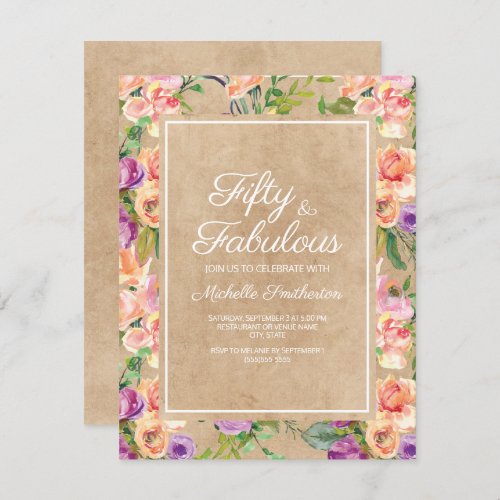 Rustic Pink Purple Floral Kraft 50th Birthday Invitation