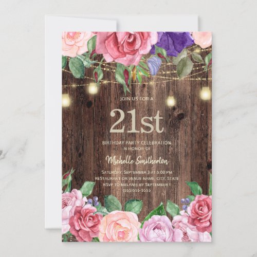 Rustic Pink Purple Flowers String Lights 21st Invitation