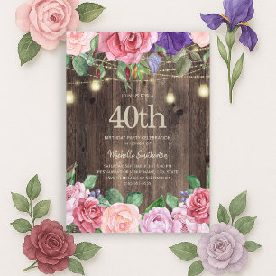 Rustic Pink Purple Flowers String Lights 40th Invitation