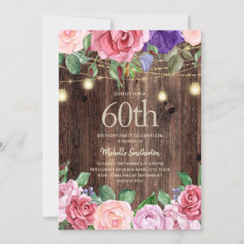 Rustic Pink Purple Flowers String Lights 60th Invitation