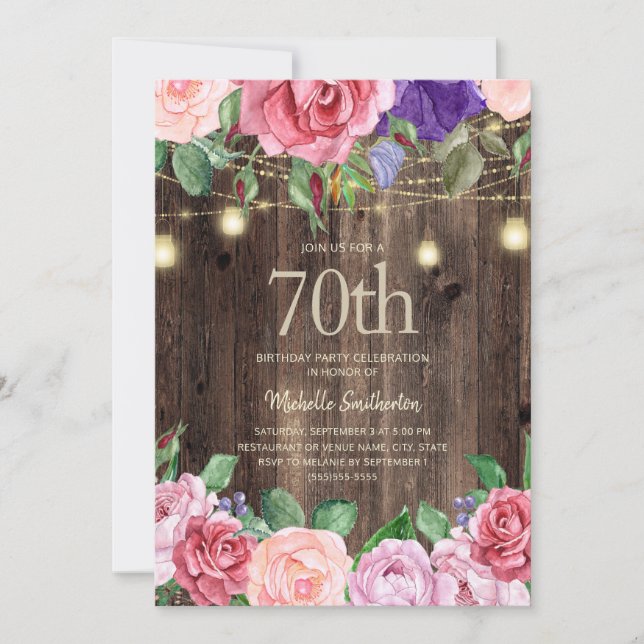 Rustic Pink Purple Flowers String Lights 70th Invitation (Front)