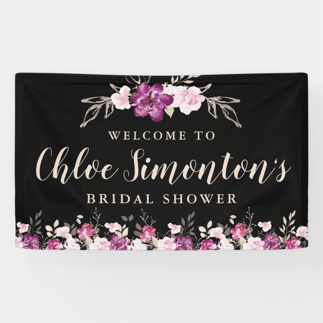 Rustic Pink Purple on Black Floral Bridal Shower Banner (Horizontal)