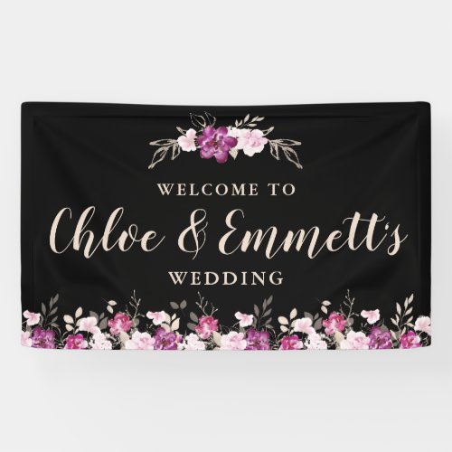 Rustic Pink Purple on Black Floral Wedding Banner