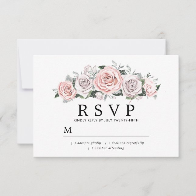 Rustic Pink Purple Rose Floral Wedding RSVP Card (Front)