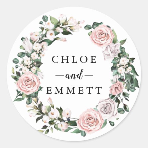 Rustic Pink Purple Rose Wreath Wedding Favor Classic Round Sticker