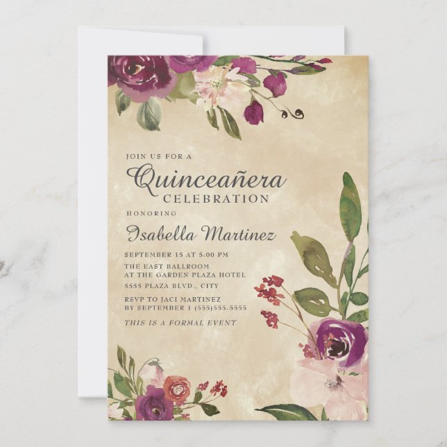 Rustic Pink Purple Watercolor Floral Quinceañera Invitation (Front)