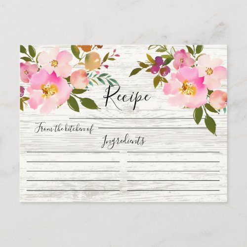 Rustic Pink  Purple Watercolor Floral Recipe Card