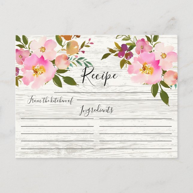 Rustic Pink & Purple Watercolor Floral Recipe Card (Front)