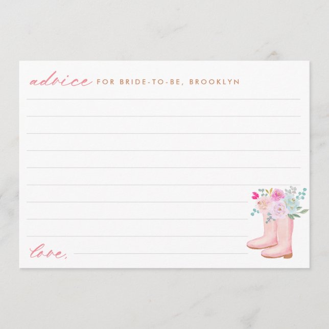Rustic Pink Rain Boots & Flowers Bridal Shower Advice Card (Front)
