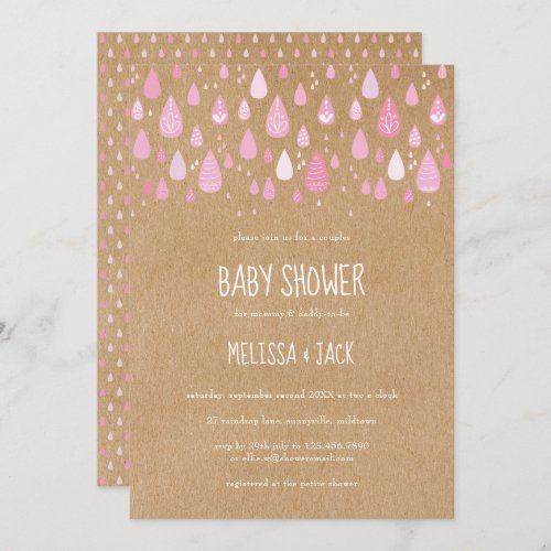 Rustic Pink Raindrops Baby Girl Shower Invitation