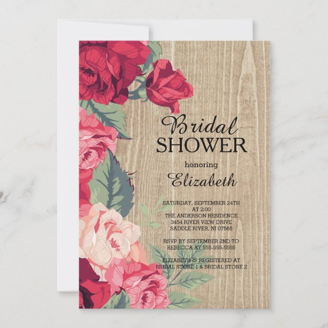 Rustic Pink Red Flower Bridal Shower Invitation (Front)