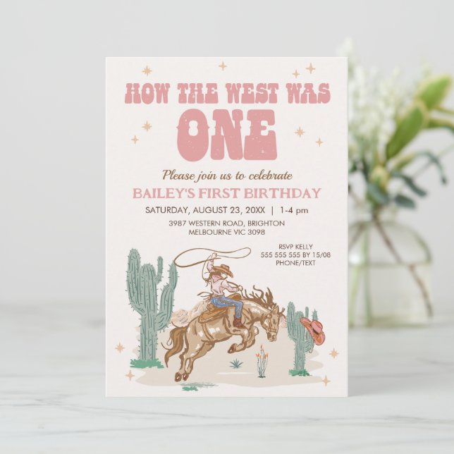 Rustic Pink Retro How West Was One 1st Birthday Invitation (Standing Front)