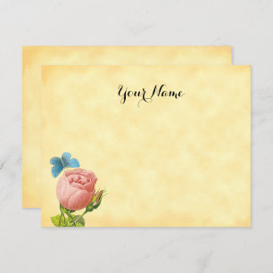 Rustic Pink Rose and Blue Moth Editable 4.25x5.5 Note Card