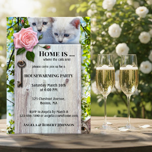 Rustic Pink Rose Cats Housewarming Party Invitation