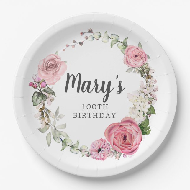 Rustic Pink Rose Floral 100th Birthday Paper Plates (Front)