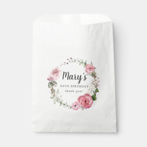 Rustic Pink Rose Floral 80th Birthday Favor Bag