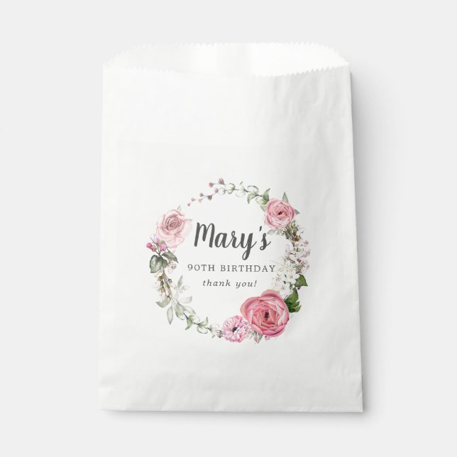 Rustic Pink Rose Floral 90th Birthday Favor Bag (Front)