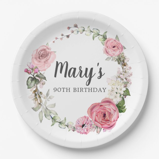 Rustic Pink Rose Floral 90th Birthday  Paper Plate (Front)