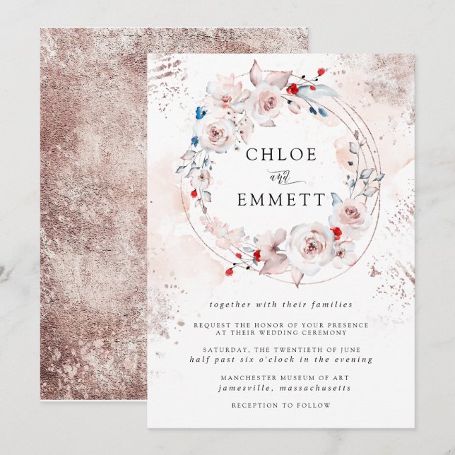 Rustic Pink Rose Floral and Gold Wedding Invitation (Front/Back)