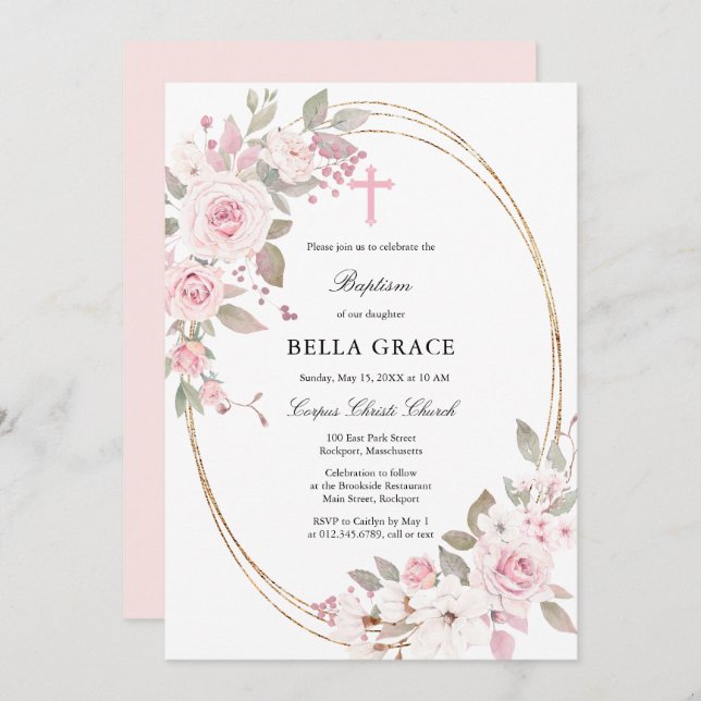 Rustic Pink Rose Floral Baptism Invitation (Front/Back)