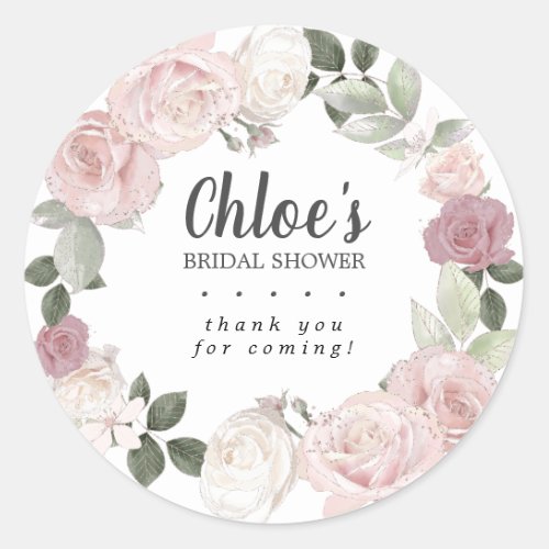 Rustic Pink Rose Floral Bridal Shower Thank You Classic Round Sticker