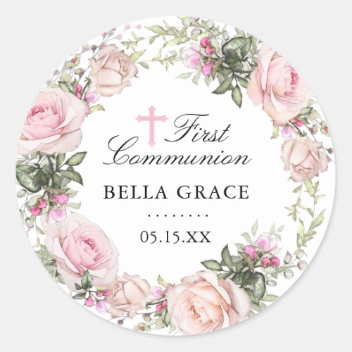Rustic Pink Rose Floral First Communion Classic Round Sticker
