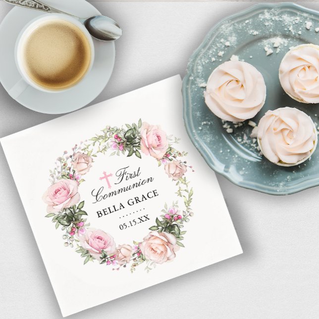 Rustic Pink Rose Floral First Communion Napkins (Creator Uploaded)