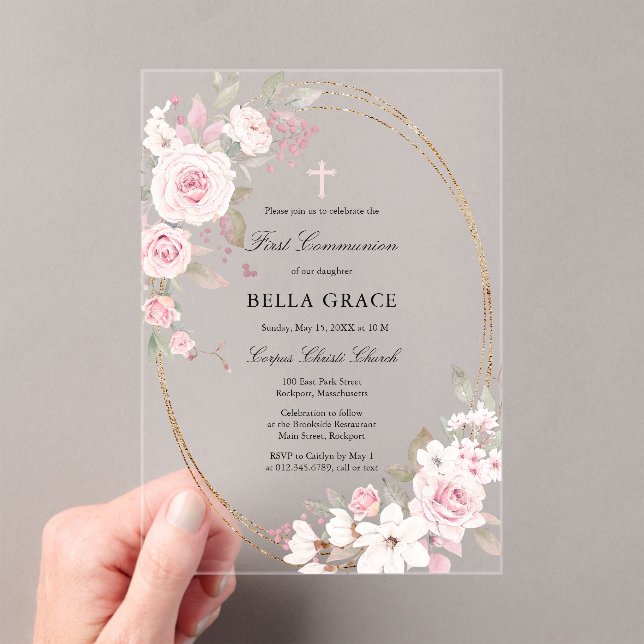Rustic Pink Rose Floral First Holy Communion Acrylic Invitations (Insitu (Handheld))