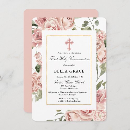 Rustic Pink Rose Floral First Holy Communion Invit Invitation