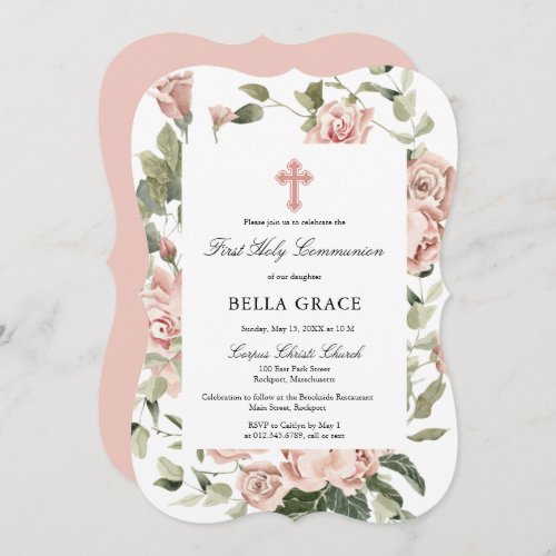 Rustic Pink Rose Floral First Holy Communion Invit Invitation