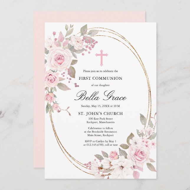 Rustic Pink Rose Floral First Holy Communion Invit Invitation (Front/Back)
