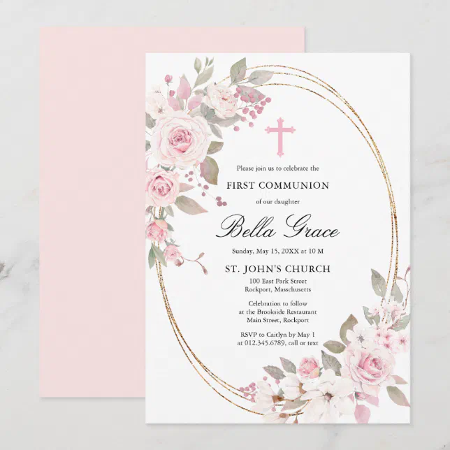 Rustic Pink Rose Floral First Holy Communion Invit Invitation | Zazzle