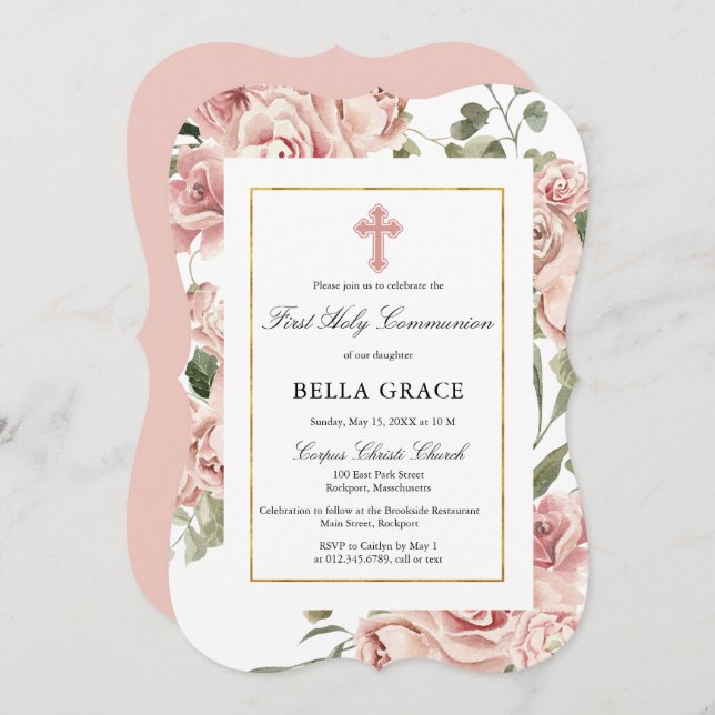 Rustic Pink Rose Floral First Holy Communion Invitation (Front/Back)