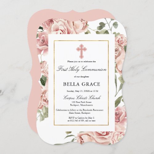 Rustic Pink Rose Floral First Holy Communion Invitation