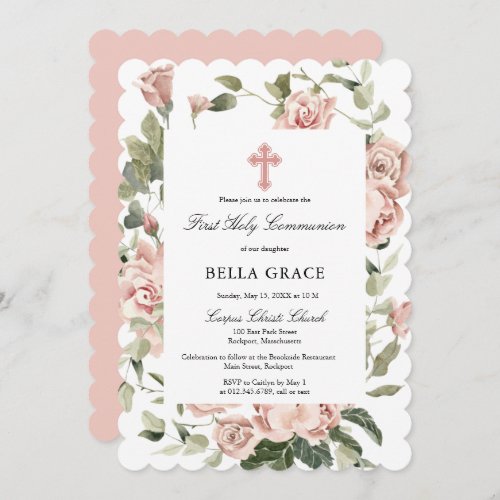 Rustic Pink Rose Floral First Holy Communion Invitation