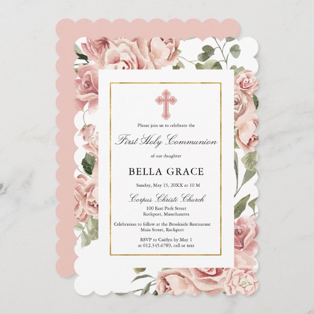 Rustic Pink Rose Floral First Holy Communion Invitation (Front/Back)