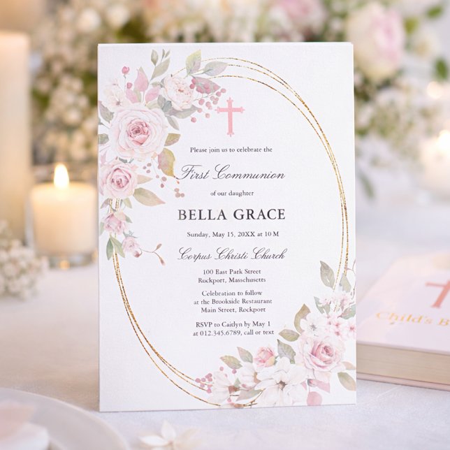 Rustic Pink Rose Floral First Holy Communion Invitation (Creator Uploaded)