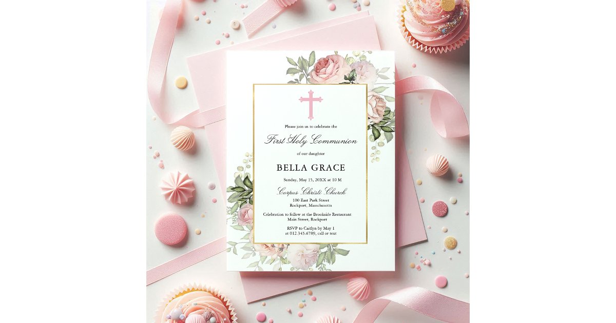 Rustic Pink Rose Floral First Holy Communion Invitation | Zazzle