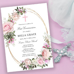 Rustic Pink Rose Floral First Holy Communion Invitation