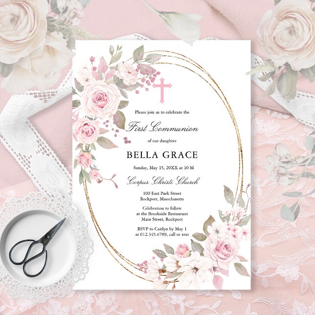 Rustic Pink Rose Floral First Holy Communion Invitation (Creator Uploaded)