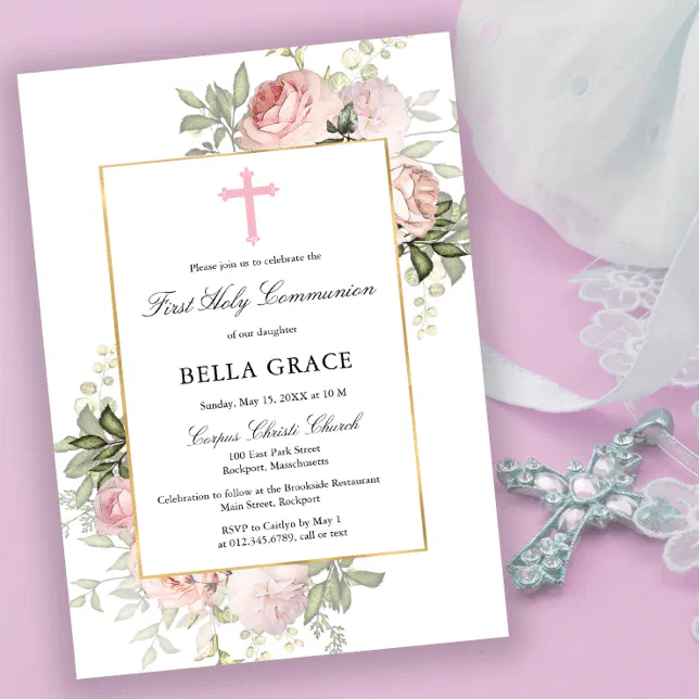 Rustic Pink Rose Floral First Holy Communion Invitation | Zazzle