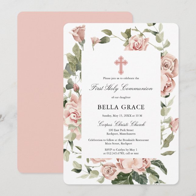 Rustic Pink Rose Floral First Holy Communion Invitation (Front/Back)