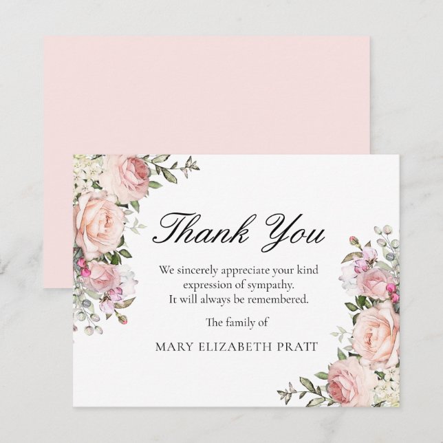 Rustic Pink Rose Floral Funeral Thank You Card (Front/Back)